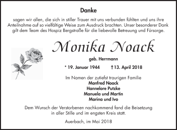 Traueranzeige von Monika Noack von Bergsträßer Anzeiger