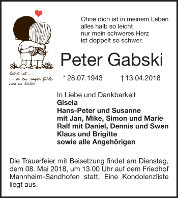 Traueranzeige von Peter Gabski von Mannheimer Morgen