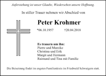 Traueranzeige von Peter Krohmer von Fränkische Nachrichten