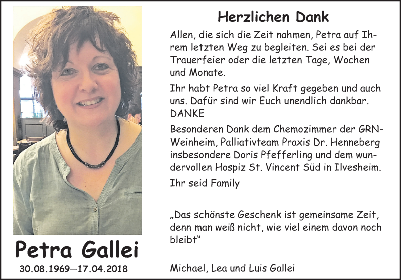  Traueranzeige für Petra Gallei vom 12.05.2018 aus Südhessen Morgen
