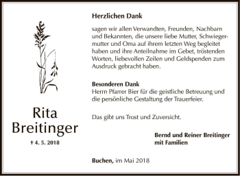 Traueranzeige von Rita Breitinger von Fränkische Nachrichten