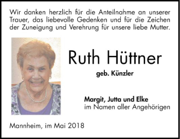 Traueranzeige von Ruth Hüttner von Mannheimer Morgen