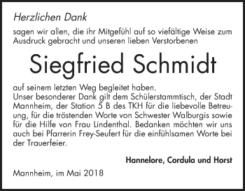 Traueranzeige von Siegfried Schmidt von Mannheimer Morgen