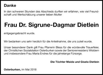 Traueranzeige von Sigrune-Dagmar Dietlein von Fränkische Nachrichten