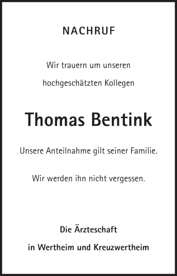 Traueranzeige von Thomas Bentink von Fränkische Nachrichten