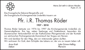 Traueranzeige von Thomas Röder von Bergsträßer Anzeiger