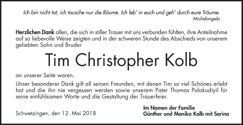  Traueranzeige für Tim Christopher Kolb vom 12.05.2018 aus Schwetzinger Zeitung