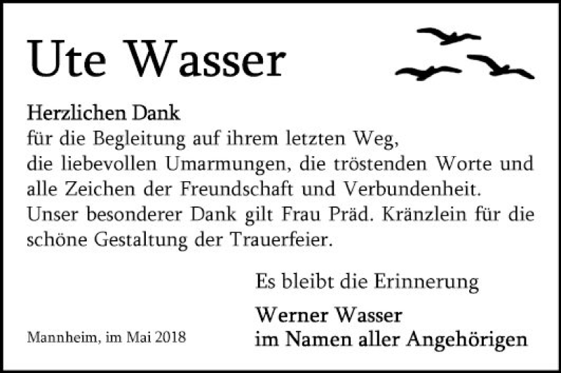  Traueranzeige für Ute Wasser vom 26.05.2018 aus Mannheimer Morgen