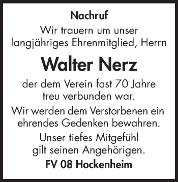 Traueranzeige von Walter Nerz von Schwetzinger Zeitung