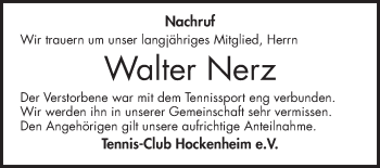 Traueranzeige von Walter Nerz von Schwetzinger Zeitung