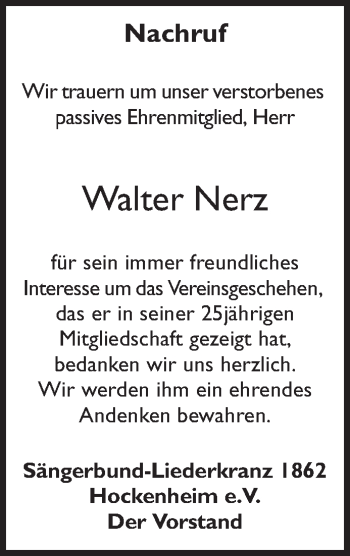 Traueranzeige von Walter Nerz von Schwetzinger Zeitung