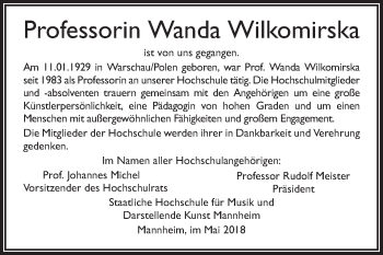 Traueranzeige von Wanda Wilkomirska von Mannheimer Morgen