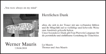 Traueranzeige von Werner Mauris von Mannheimer Morgen