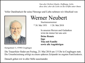 Traueranzeige von Werner Neubert von Fränkische Nachrichten