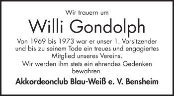 Traueranzeige von Willi Gondolph von Bergsträßer Anzeiger