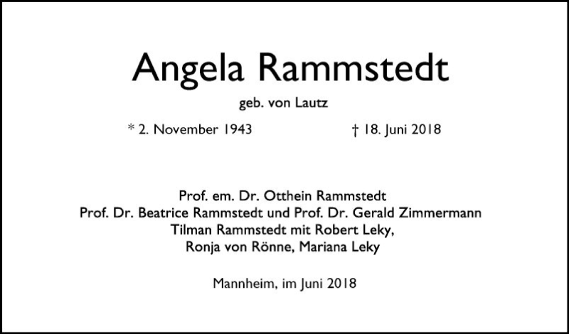  Traueranzeige für Angela Rammstedt vom 23.06.2018 aus Mannheimer Morgen