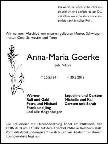Traueranzeige von Anna-Maria Goerke von Mannheimer Morgen
