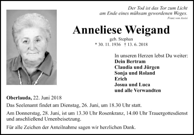  Traueranzeige für Anneliese Weigand vom 22.06.2018 aus Fränkische Nachrichten