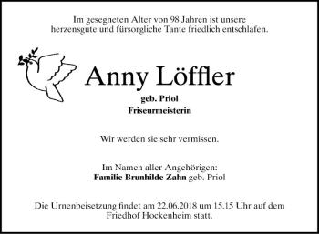 Traueranzeige von Anny Löffler von Schwetzinger Zeitung