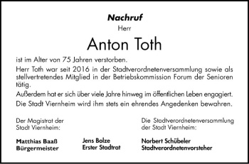 Traueranzeige von Anton Toth von Südhessen Morgen