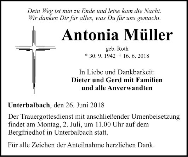  Traueranzeige für Antonia Müller vom 26.06.2018 aus Fränkische Nachrichten