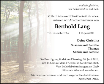 Traueranzeige von Berthold Lang von Fränkische Nachrichten