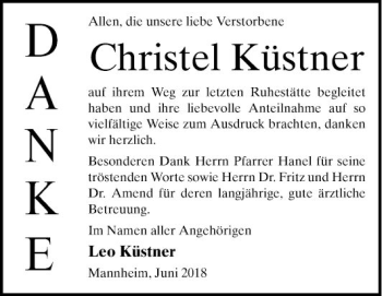 Traueranzeige von Christel Küstner von Mannheimer Morgen