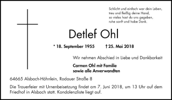 Traueranzeige von Detlef Ohl von Bergsträßer Anzeiger
