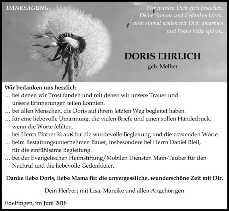  Traueranzeige für Doris Ehrlich vom 16.06.2018 aus Fränkische Nachrichten