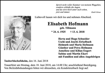 Traueranzeige von Elisabeth Hofmann von Fränkische Nachrichten