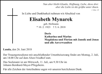 Traueranzeige von Elisabeth Mynarek von Fränkische Nachrichten