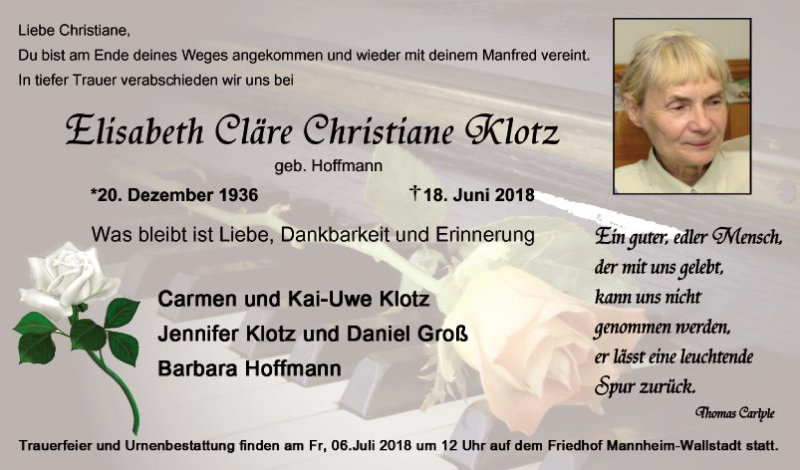  Traueranzeige für Elisabeth Cläre Chrisitane Klotz vom 23.06.2018 aus Mannheimer Morgen