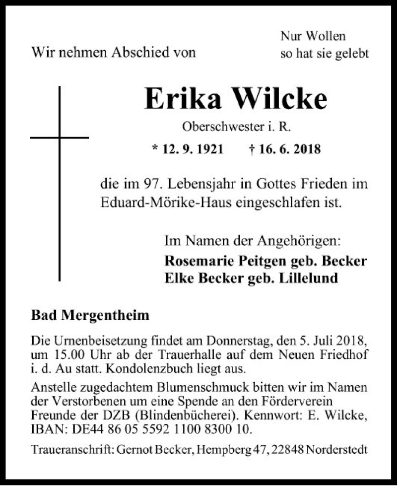  Traueranzeige für Erika Wilcke vom 23.06.2018 aus Fränkische Nachrichten
