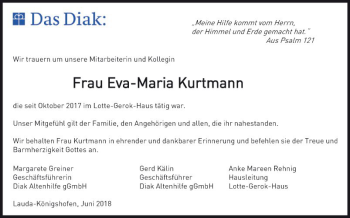 Traueranzeige von Eva-Maria Kurtman von Fränkische Nachrichten