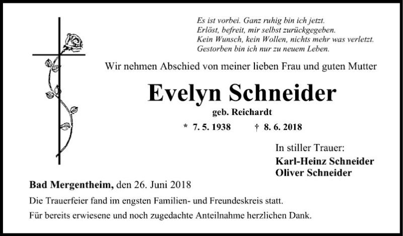  Traueranzeige für Evelyn Schneider vom 26.06.2018 aus Fränkische Nachrichten