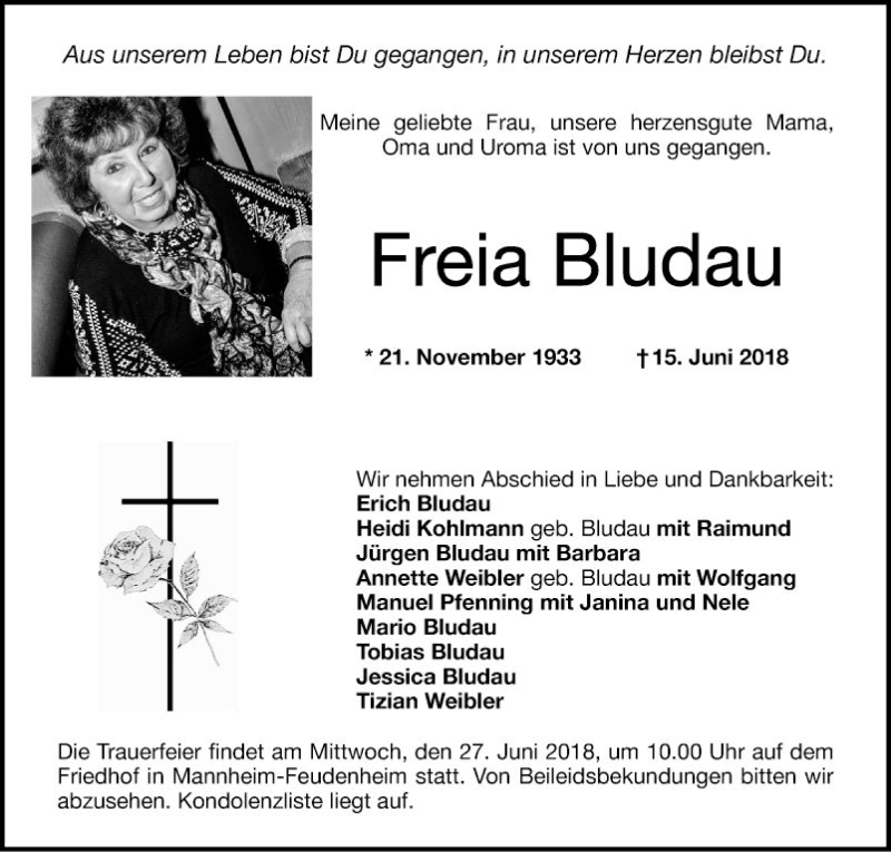  Traueranzeige für Freia Bludau vom 23.06.2018 aus Mannheimer Morgen