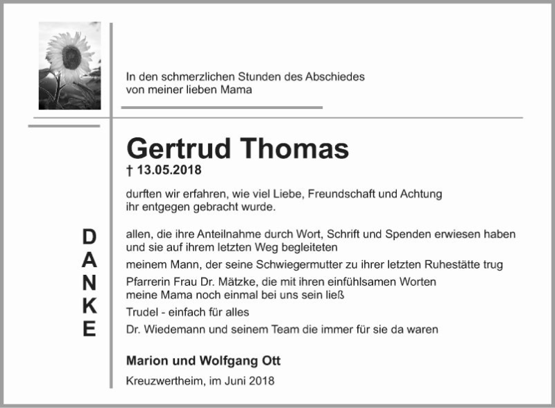  Traueranzeige für Gertrud Thomas vom 23.06.2018 aus Fränkische Nachrichten