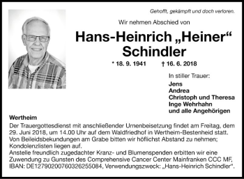 Traueranzeige von Hans-Heinrich Schindler von Fränkische Nachrichten