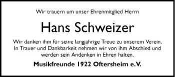 Traueranzeige von Hans Schweizer von Schwetzinger Zeitung