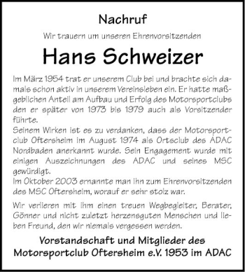 Traueranzeige von Hans Schweizer von Schwetzinger Zeitung