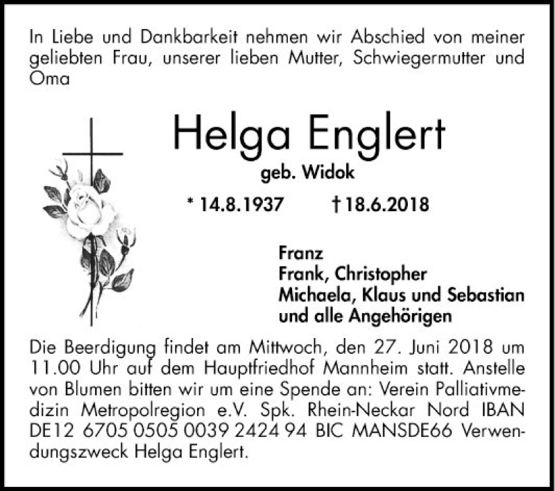  Traueranzeige für Helga Englert vom 23.06.2018 aus Mannheimer Morgen