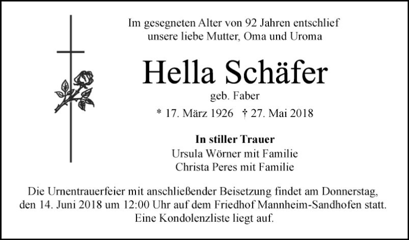  Traueranzeige für Hella Schäfer vom 09.06.2018 aus Mannheimer Morgen