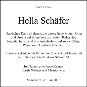 Traueranzeige von Hella Schäfer von Mannheimer Morgen