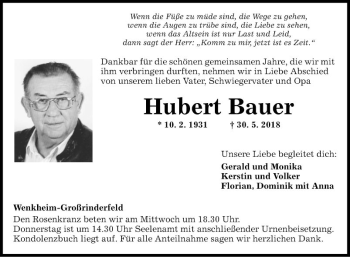 Traueranzeige von Hubert Bauer von Fränkische Nachrichten