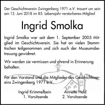 Traueranzeige von Ingrid Smolka von Bergsträßer Anzeiger