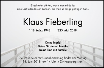 Traueranzeige von Klaus Fieberding von Bergsträßer Anzeiger