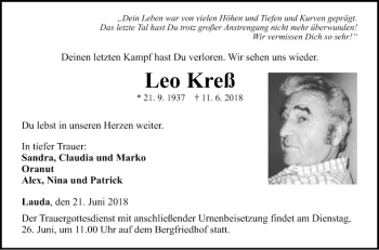 Traueranzeige von Leo Kreß von Fränkische Nachrichten