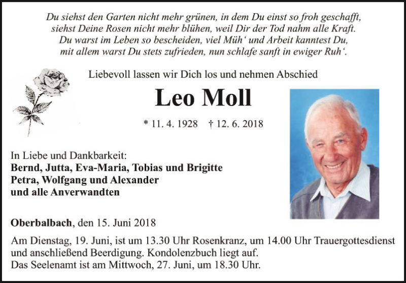  Traueranzeige für Leo Moll vom 15.06.2018 aus Fränkische Nachrichten