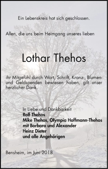 Traueranzeige von Lothar Thehos von Bergsträßer Anzeiger