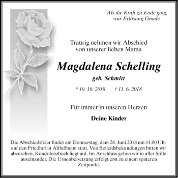 Traueranzeige von Magdalena Schelling von Schwetzinger Zeitung